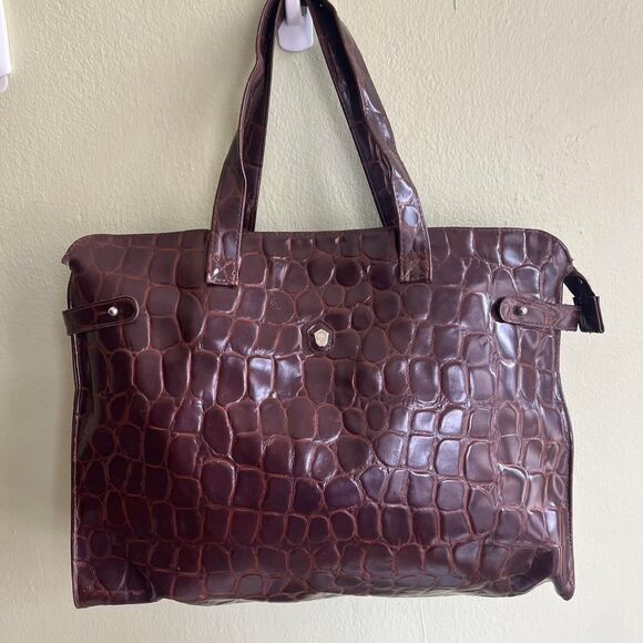 Ralph Lauren Tote Bag Safari Women's Brown Vintage 90s Y2K Leather Crocodile - Picture 1 of 9
